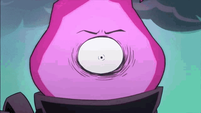 a close up of a cartoon character with a very large eye