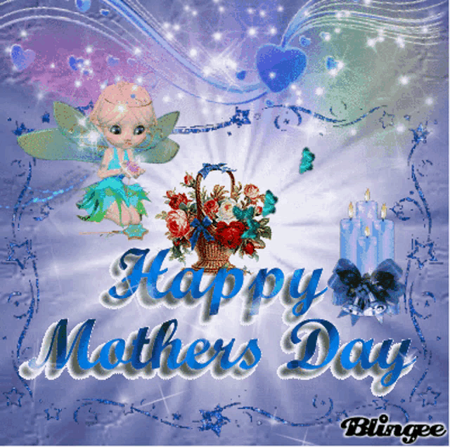 a happy mother 's day card with a fairy holding a flower and a basket of flowers