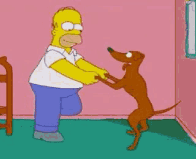 a cartoon of homer simpson playing with a brown dog