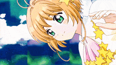 a girl with green eyes is holding a string of stars in her hand