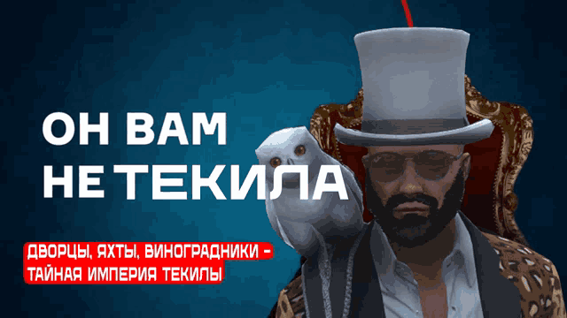 a man in a top hat holds a white owl in his hand