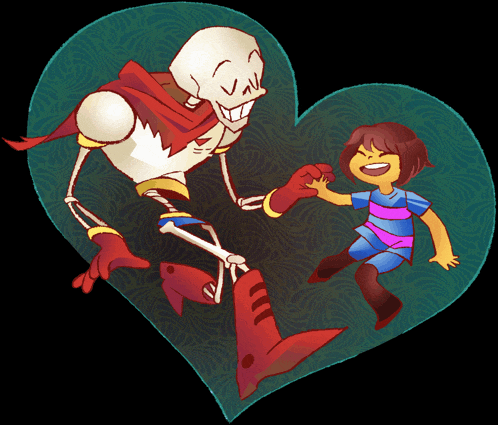 a cartoon drawing of papyrus and frisk holding hands in a heart