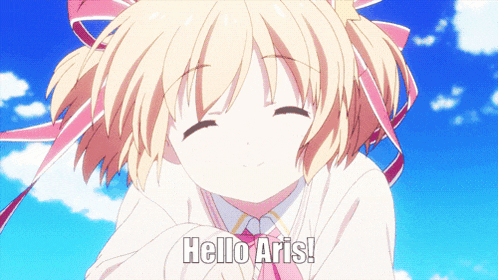a girl with blonde hair is smiling and says hello aris on the bottom