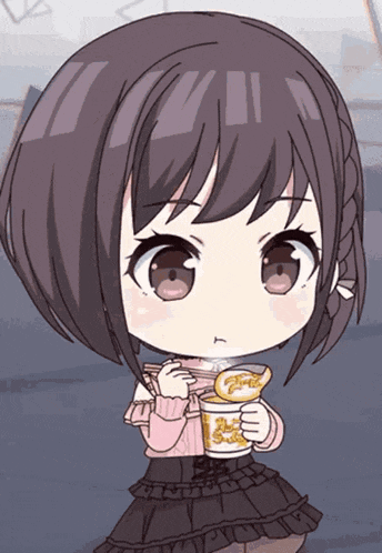 a girl in a pink sweater is holding a cup of ramen