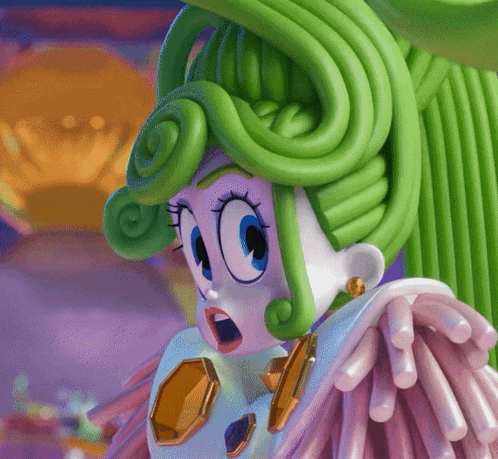 a cartoon character with green hair and pink wings