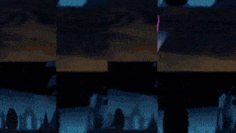 a pixel art of a person holding a sword in a dark room surrounded by purple lights .