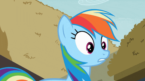 a cartoon pony with a rainbow mane and tail looks angry