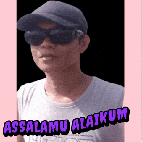 a man wearing sunglasses and a hat with the words assalamu alaikum on the bottom