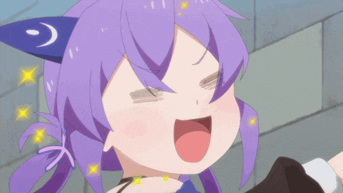 a girl with purple hair has a crescent moon on her ears