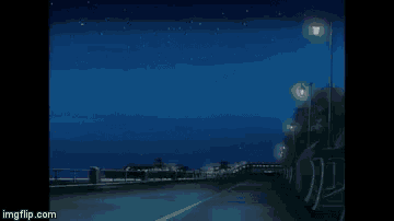 a painting of a street at night with a blue sky