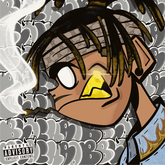 a cartoon character with a bandana on his head and a parental advisory label on the bottom