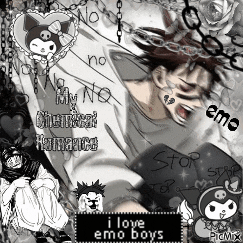 a black and white collage with the words " i love emo boys " at the bottom