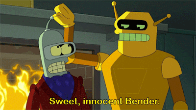 bender from futurama is standing next to another robot