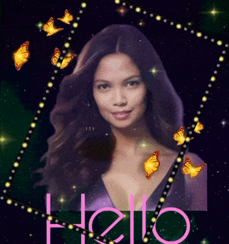 a picture of a woman with butterflies and the word hello in pink