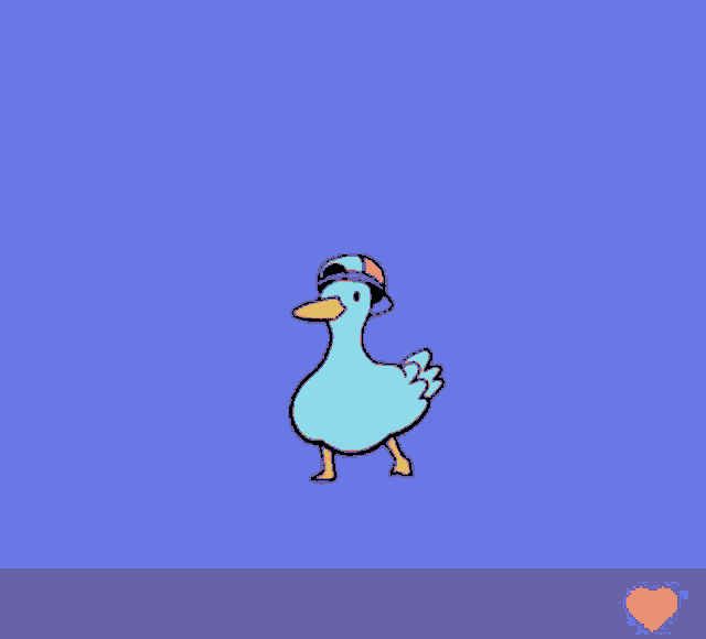 a white duck wearing a hat and goggles is walking on a blue background