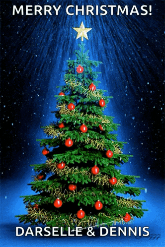 a merry christmas card with a christmas tree and the name darselle and dennis