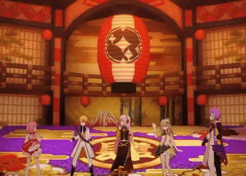 a group of anime characters are standing in a room with a large red lantern in the background