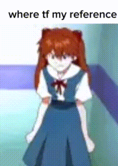 a girl in a blue dress is standing in front of a wall with the words where tf my reference .