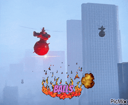 a picture of a helicopter flying over a city with the word balls written on it