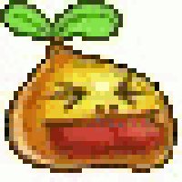 a pixel art of a pear with a green leaf on top of it .