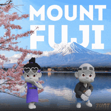 a couple of cartoon characters standing in front of a mountain named mount fuji