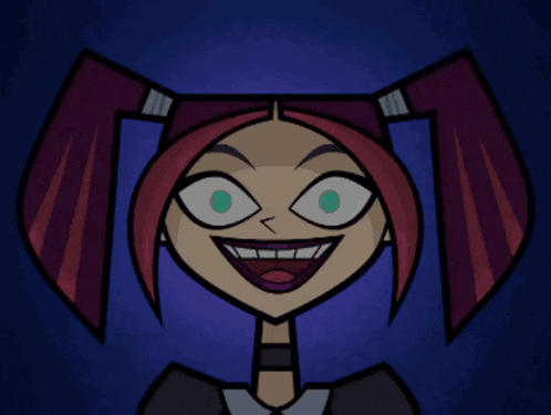 a cartoon character with purple hair and blue eyes smiles