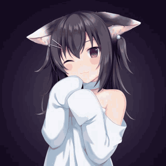 a black haired anime girl with cat ears is wearing a white sweater .