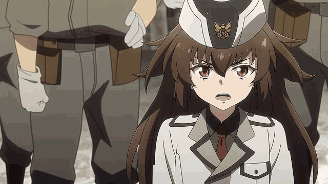 a girl with long brown hair is wearing a white hat with a eagle on it