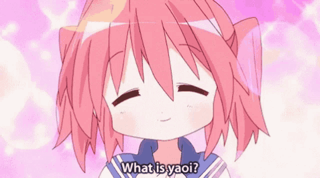 a little girl with pink hair is smiling and asking what is yaoi .