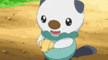 a cartoon otter is standing on a dirt road holding a piece of cheese .