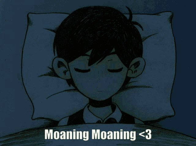 a drawing of a boy laying in bed with the words moaning moaning < 3 below him