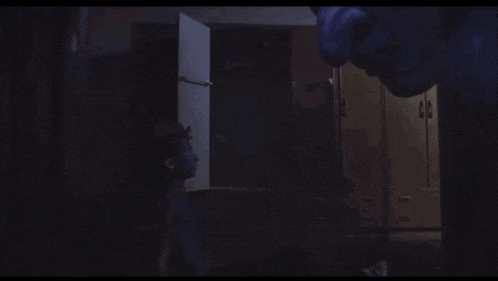 a person is standing in a dark room in front of a refrigerator in a dark room .