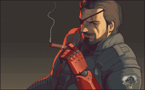 a pixel art drawing of a man smoking a cigar with a badge that says snake