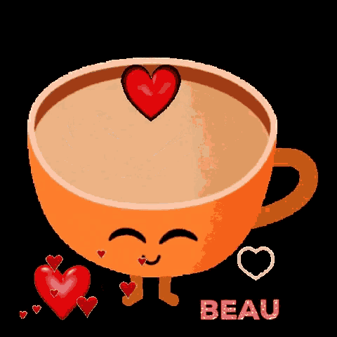 a cartoon cup of coffee with a face and a heart on top of it .