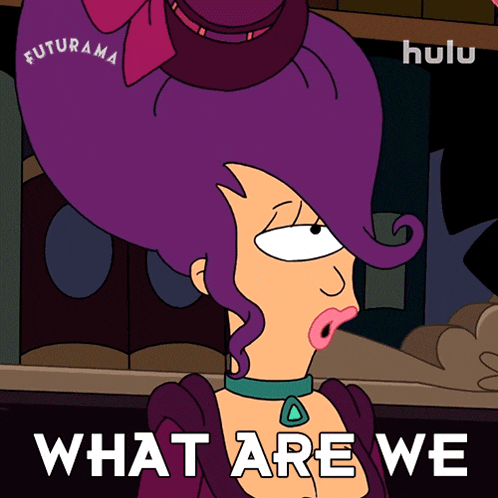 a cartoon of a woman with purple hair and the words what are we on the bottom