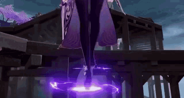 a woman in a purple dress is standing on a bridge with a sword in her hand .