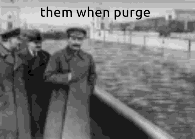 a black and white photo of a group of men standing next to a body of water with the caption `` them when purge '' .