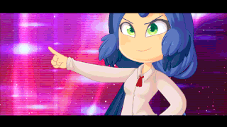 a pixel art of a girl with blue hair pointing her finger