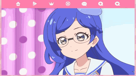 a girl with blue hair and glasses is smiling