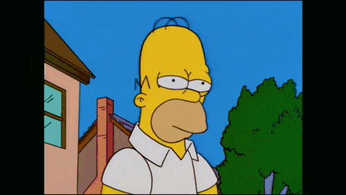 homer simpson is standing in front of a building with his eyes closed