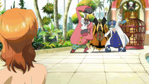 a woman stands in front of a group of cartoon characters including a man in a white coat