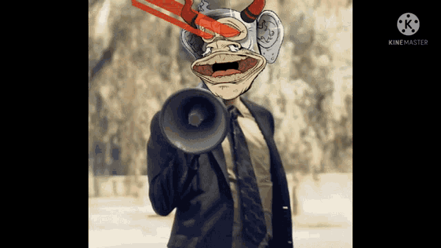 a man in a suit and tie is holding a megaphone with a cartoon character on his head