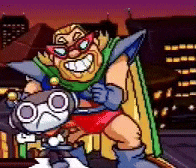 a pixel art of a superhero with a gun
