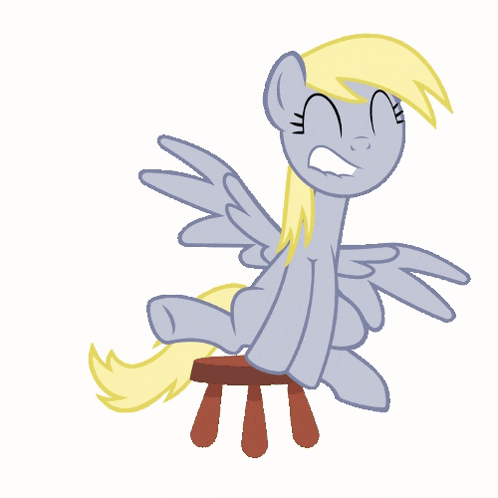 a cartoon pony is sitting on a wooden stool