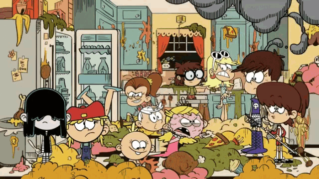 a group of cartoon characters from the loud house are gathered in a messy kitchen