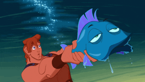 a cartoon drawing of hercules and a fish with big eyes
