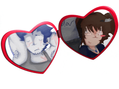 a pair of heart shaped glasses with a drawing of a man and a girl