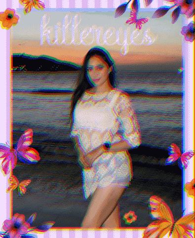 a woman in a white dress is surrounded by butterflies and flowers with the words killoneyes written on the top