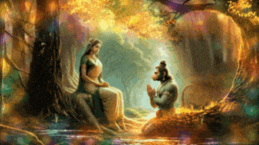 a painting of a woman sitting under a tree next to a monkey praying