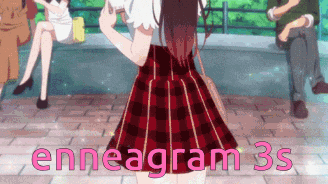 a girl in a red plaid skirt with enneagram 3s written in pink letters